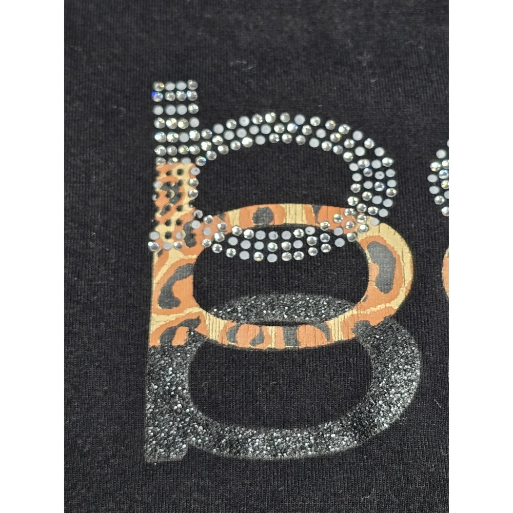 BEBE T Shirt Womens Black Short Sleeve Rhinestone Logo Animal Print SZ LG - Picture 6 of 9